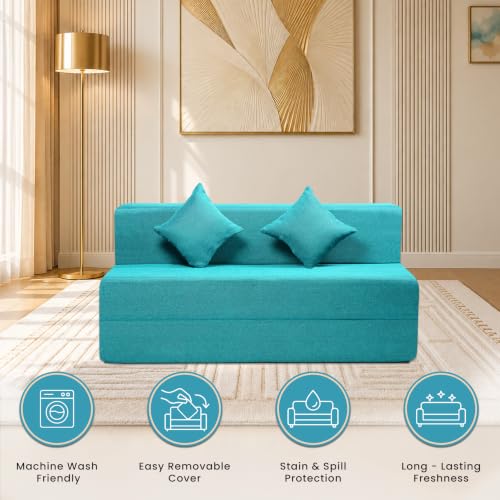 Image of Seventh Heaven Rejioce 3 Seater 5 * 6 Jute Fabric Washable Cover Sofa Cum Bed with 2 Cushions 3 Seater Double Foam Fold Out Sofa Cum Bed (Finish Color - Blue Delivery Condition - Pre-Assembled)