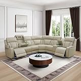 Power Recliner Sofa Sectional Sofa with LED Light for Living Room, Air Leather Reclining Corner Sectional Sofa Set, Cup Holder, Storage Console for Home Theater Seating (Beige, Sectional)