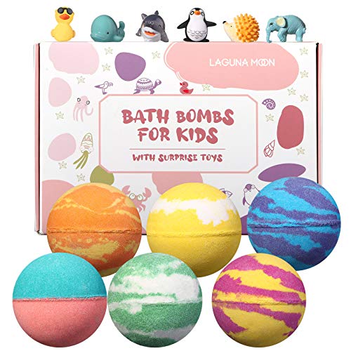 Lagunamoon Bath Bombs for Kids with Toys Inside, 6 Pcs Natural Fizzies, Cruelty Free, Vegan Safe Bath Bombs Gift Set for All Skin Types Even Sensitive Skin, Releases Color, Scent, Bubbles