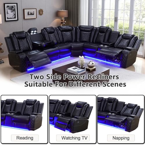 Image of Power Recliner Sectional Sofa Couches with LED Lights for Living Room, Black Leather Wall Hugger Reclining Corner Couch Sets with 4 Home Theater Seat, USB Port, Cup Holder, Storage Console