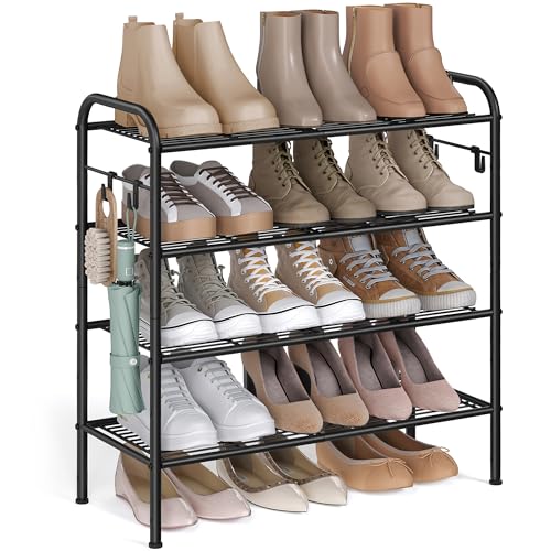 SONGMICS Zapatero, Organizador Zapatos de 4 Niveles, Estante Metálico para Zapatos con 4 Ganchos Laterales, para 16 Pares, Altura Ajustable para Entrada, Pasillo, Armario, Fácil Montaje, Negro Tinta