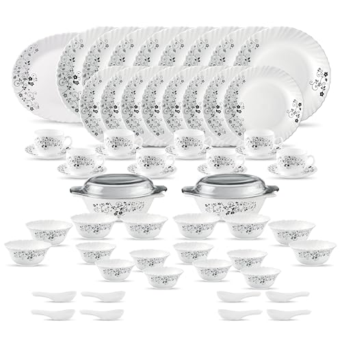 Image of La Opala Diva Classique Collection Opal Glass Crockery | for Family of 8 | Dinner Set 61 pcs Mystrio Black | Plates & Bowls for Dining | Microwave Safe | 100% Vegetarian | Extra Strong | White
