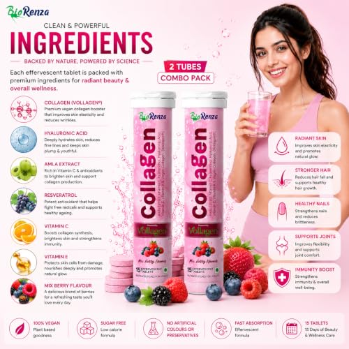 Image of Collagen Effervescent Tablets For Skin Glow & Hydration | With Vitamin C, Hyaluronic Acid, Resveratrol & Amla Extract | Vegan Collagen Supplement | Mix Berry Flavour | 15 Tablets Each | Pack Of 5