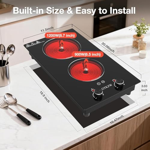 Image of Electric Cooktop 2 Burner, GTKZW 2100W Electric Stove 110v-120v Hot Plate, Knob Control Countertop & Built-in Ceramic Cooktop 9 Power Levels, Child Lock, Timer, Suitable for all Pans