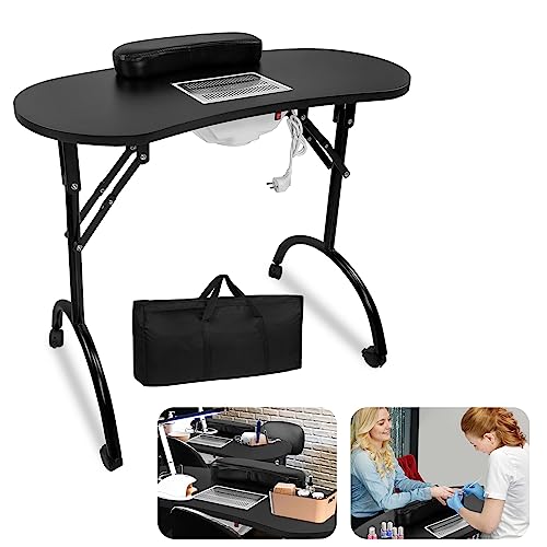 LZQ Table à ongles avec aspiration, table de manucure pliable avec aspirateur à ongles, roulettes et coussin de poignet, table de manucure mobile pour...
