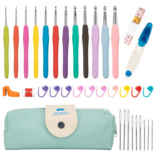 peinat Kit de Ganchillos, Agujas de Crochet de 2mm ~ 8mm, Juego de Agujas de Aluminio Coloridas con Accesorios de Agujas de Tejer y Bolsa...