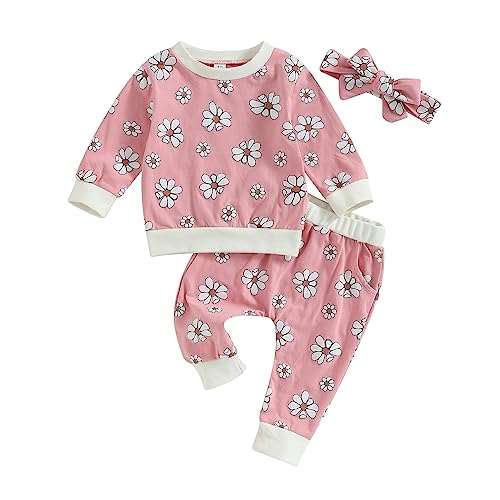 Image of 3Pcs Baby Girl Outfits Daisy Sweatshirt + Pants + Headband Infant Fall Winter Clothes