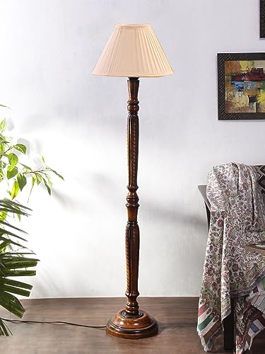 Image of Devansh Straight Pleated Off-White Cotton Wooden Floor Lamp -31