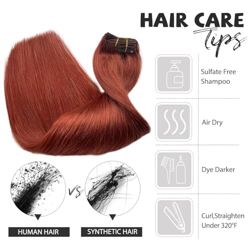Image of Auburn Clip in Hair Extensions Real Human Hair Straight Seamless Invisible 5 Pcs 70G Double Weft Silky Human Hair Clip ins Extension for Women #135 16 Inch