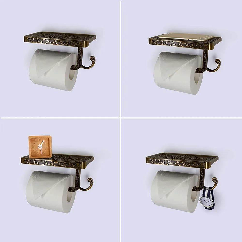 Vintage Toilet Paper Holder Wall Mount Toilet Roll Holder with Shelf and Hook Bronze Antique Bathroom Accessories Toilet Tissue Roll Holder Hanger Aluminum Material (Bronze Finish) — Amazon image 5