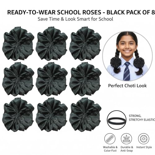 Image of Readymade Ribbon for School Girls - Soft Satin Bow Hair Accessory - Easy to Wear, Stylish & Neat Look - Ideal for School Uniforms bow in girls & Daily Use - Pack of 8 /School Ribbon in Kids / Black (black, More Coverage)