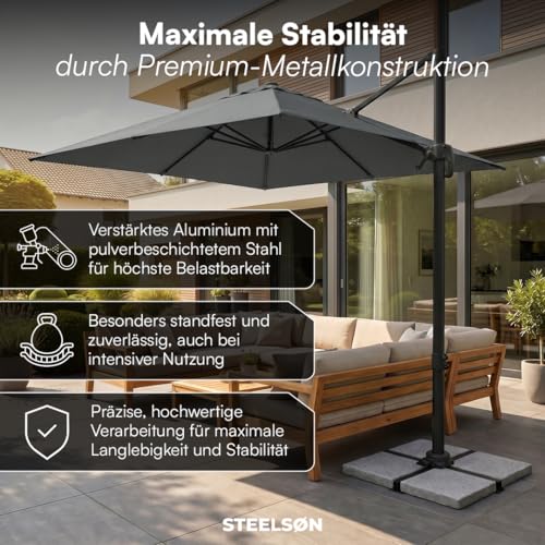 STEELSØN Elaris Sonnenschirm im Einsatz über großer Terrassenlounge mit Sitzgruppe.