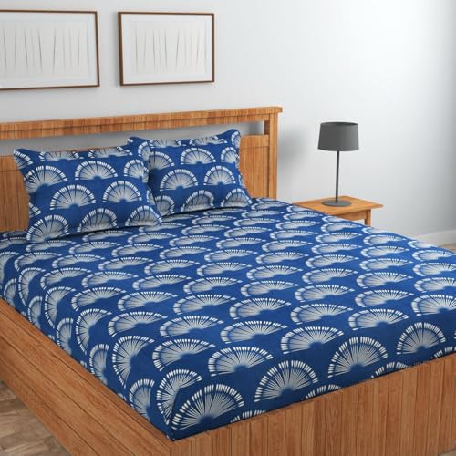 Image of Jashan Super Soft Glace Cotton Fabric 300 TC All Around Elastic Fitted Elegent Design King Size Double Bed Bedsheet with 2 Pillow Covers Fits Upto Mattress of 10 Inche,Size-72 x 78 x 10 Inche-Blue