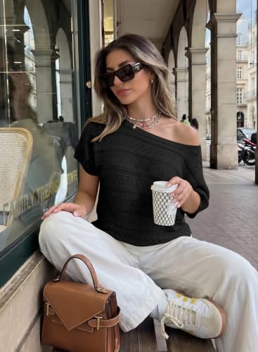 Image of Cakulo Womens Off The Shoulder Batwing Short Sleeve Crochet Tops 2026 Spring Summer Sweater Top Knit Beach Cover Up