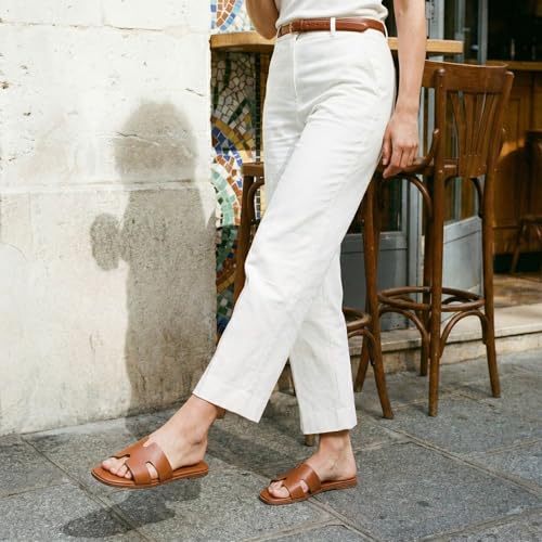 Rihero Women's Dressy Flat Sandals Comfortable Slip On Leather Slide Brown Sandals Size 8