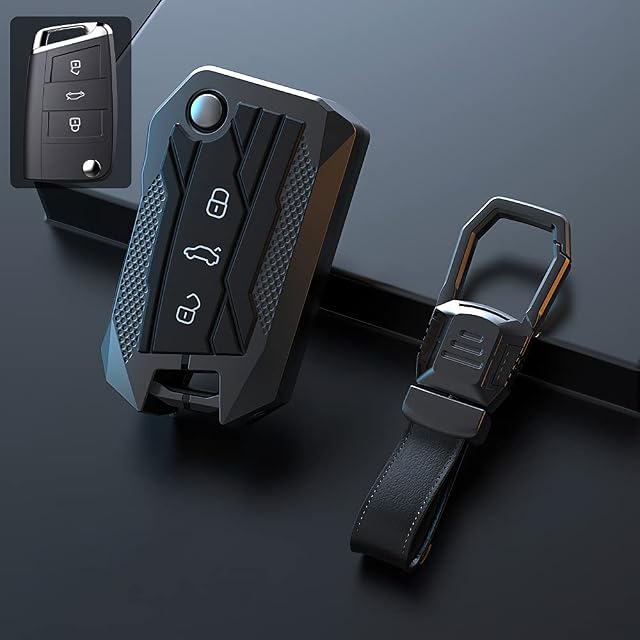 ontto Car Key Fob Cover Keyring fit for VW Golf Polo Jetta Touran Tiguan Seat Leon Ibiza Toledo Skoda Rapid Fabia Octavia Superb Accessories Alloy Flip Key Case keychain key Shell key Holder Black B
