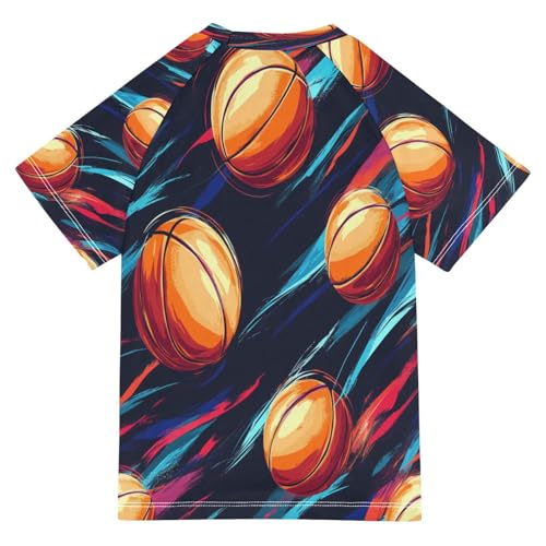 Boys Short Sleeve T-Shirts Basketball Funny Pattern Rashguard Kids Swim Shirts Sun UPF 50+2