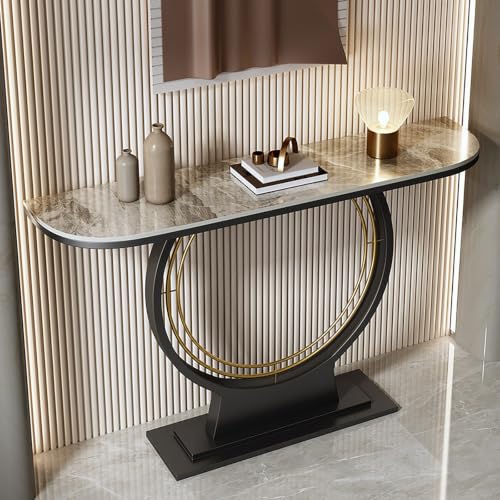 HLDJYLZS Mesa Consola Moderna con Encimera de Piedra Sinterizada, Mueble Entrada Lujo Base Metálica Dorada, Sofá Estrecha Detrás del para Pasillo, Salón y Recibidor