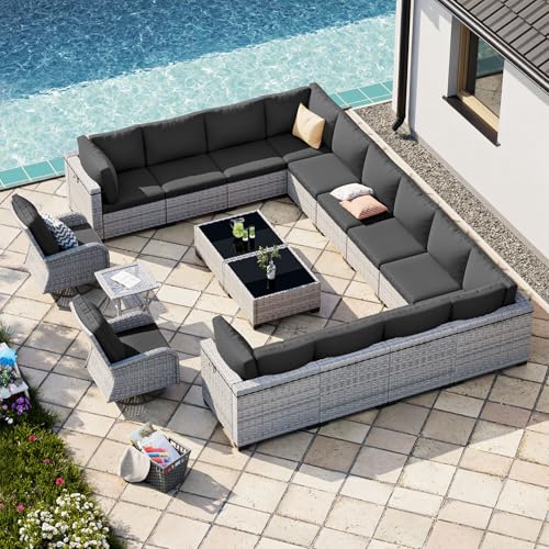 Image of Outdoor PE Wicker Rattan Modular Patio Sectional Sofa Set | 17-Piece: 12 Modular Seats, 2 Coffee Tables, 2 Swivel Rocking Chairs & Side Table, Black