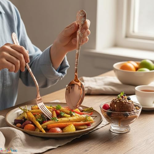 Image of Floral Rose Gold 20 Pcs Stainless Steel Cutlery Set for Dining Table, Dishwasher Safe Glossy Flatware (4 Spoon Set+4 Forks Set+4 Butter Knife+4 Dessert Spoon+ 4 FruitFork)