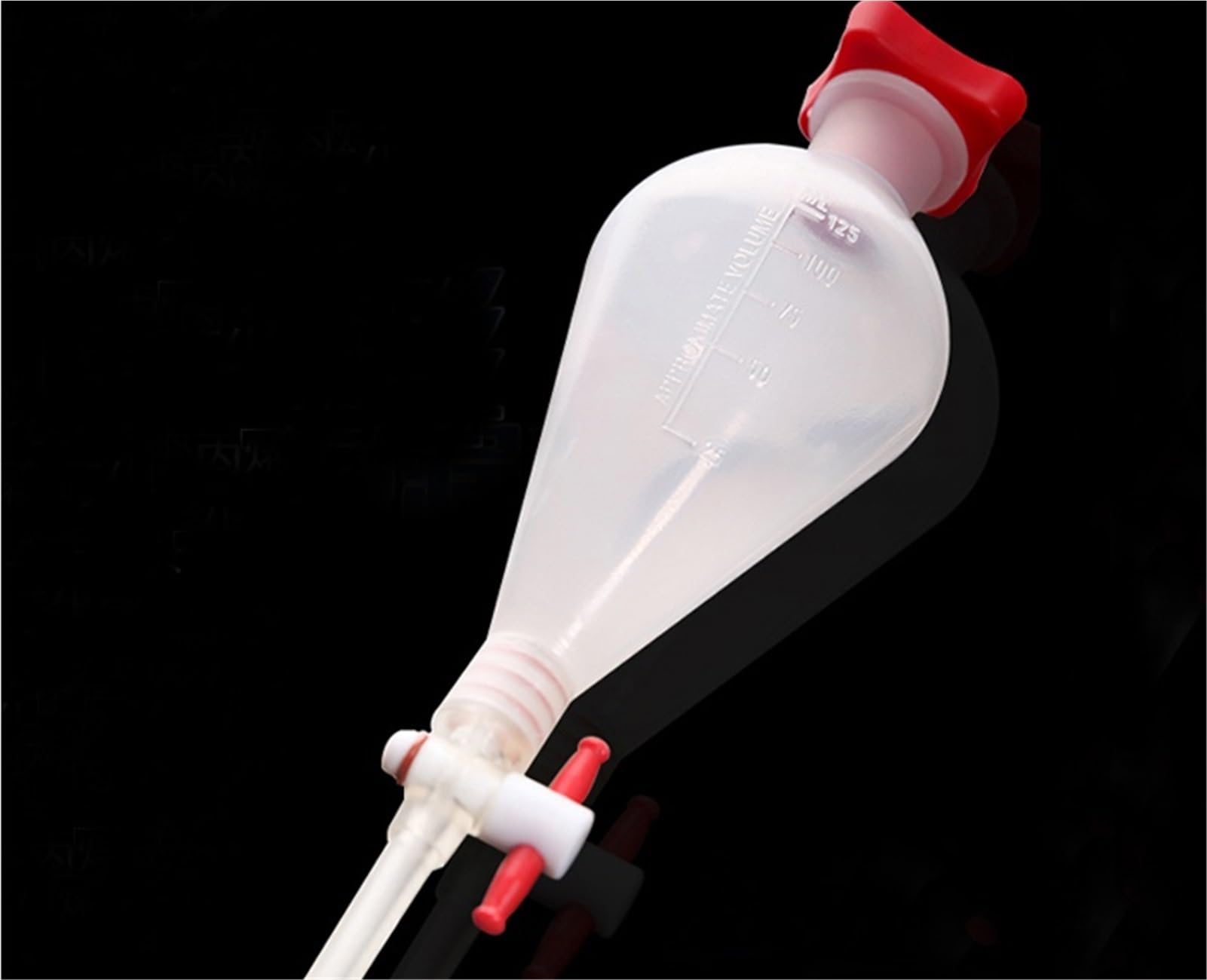 125 ml birnenförmiger Scheidetrichter aus Kunststoff mit PTFE-Stopfen. PP-Trenntrichter. Laborbedarf