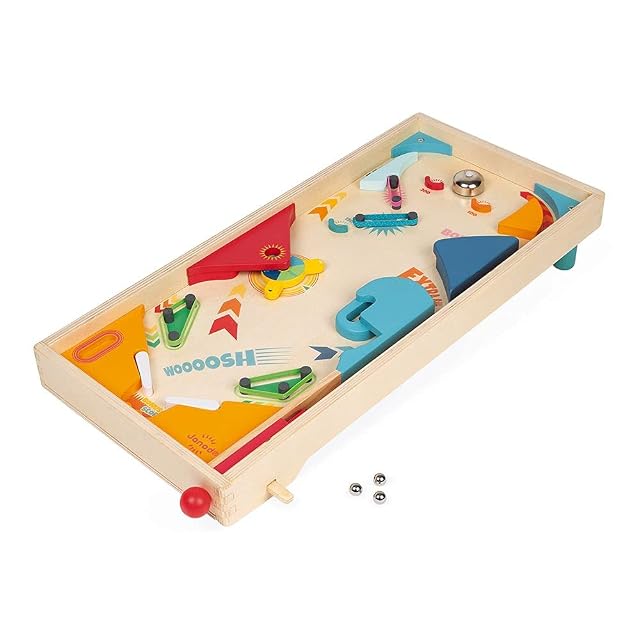 Janod - Pinball de Madera Retro - Juego de Mesa Infantil - Juego de Habilidad