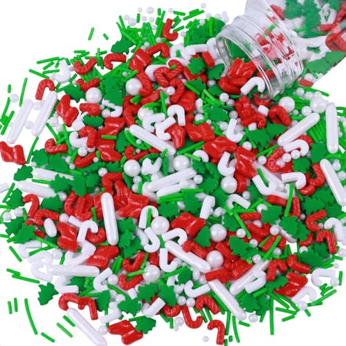 Morofme 3.5 oz Christmas Tree Sprinkles Red and Green Christmas Sprinkles White Pearl Mix Jimmies Christma Cane Sock Sprinkle Cake Topper Edible Holiday Sprinkle for Dessert Cupcake Toppers Cookie