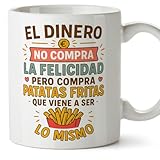 MUGFFINS tazas originales para regalar | tazas divertidas para regalar con frase El dinero no compra la felicidad pero compra patatas fritas en Español | humor, graciosas | comida v1
