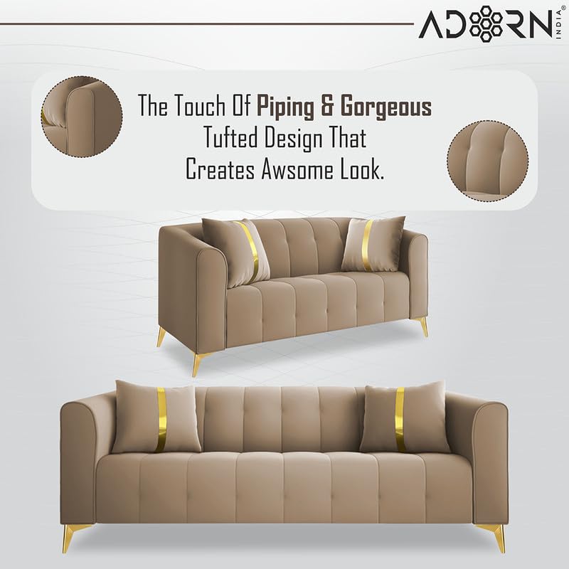 Image of Adorn India Premium Mystic - 3 Years Warranty - 3+2+1 Sofa Set Velvet Suede Fabric - Beige