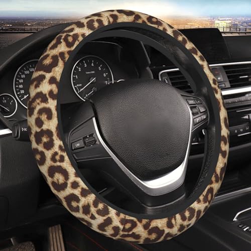 Leopard Print Steering Wheel Cover for Women Men, Universal 15 Inches Car Steering Wheel Protector Anti-Slip Sweat Absorption Car Accessories for Auto Truck SUV