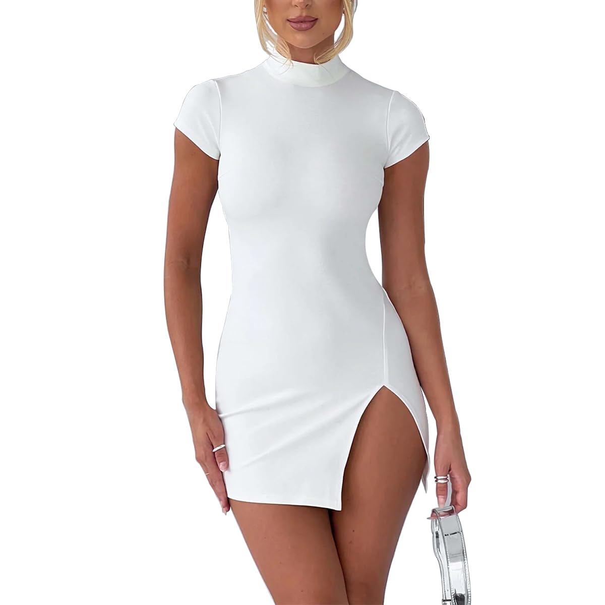 Women's 2024 Summer Sexy Short Sleeve Mock Neck Cut Out Backless Side Slit Drawstring Bodycon Mini Dress Clubwear