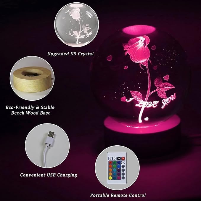 Image of STARKENDY3D Rose Crystal Ball LED Night Lamp, Creative Engraved Night Light Wooden Base, Warm White Decorative Table Lamp for Home, Office, Bedroom, Birthday Gift((Multicolour) with Remote)