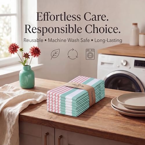 Urban Villa Cloth Napkins 100% Cotton Highly Absorbent Washable Reusable Premium Dinner Napkins Ideal for Gifts for Mothers Day Hotel Farmhouse Parties - Ruby/Green Stripes (20" x 20", Set of 12) by Urban Villa - Image 7