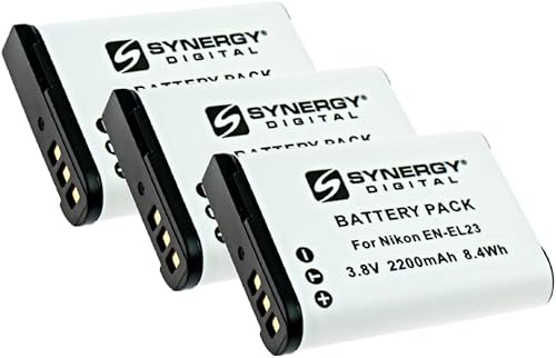 Synergy Digital Baterías de cámara digital, compatibles con baterías de cámara digital Nikon EN-EL23 (iones de litio, 3.8 V, 2200 mAh), juego de 3