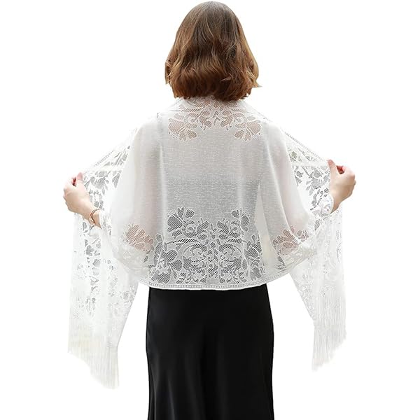 Lace Scarf Shawl with Tassel, Sheer Soft Mesh Fringe Wraps White Floral Long Shawl for Female Evening Party Dresses (180x65cm)