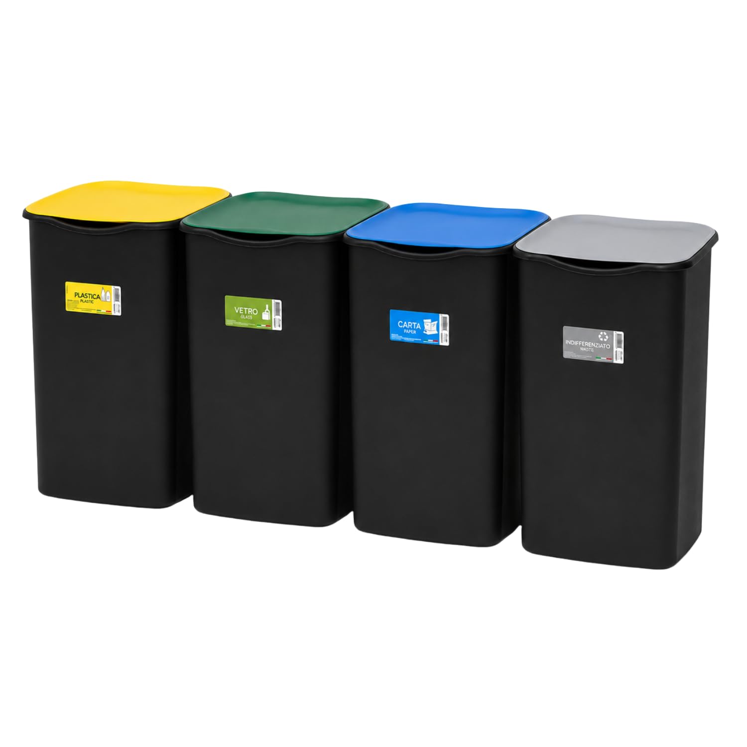 VIRSUS Set 4 Pattumiere con Coperchio per Raccolta Differenziata 128, misura 37,5x36x53,5 cm, Capacità 50 Litri, Bidoncini Spazzatura Impilabili, Colori Giallo, Verde, Azzurro e Grigio
