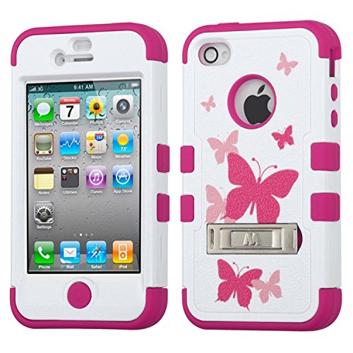 MYBAT Hybrid Dual Layer Protector Cover with Kickstand for Apple iPhone 4/4S - Retail Packaging - Butterfly Dancing/Hot Pink