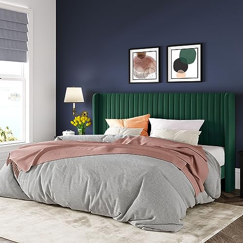 Allewie King Size Bed Frame/Velvet Upholstered Platform Bed/Vertical Channel Tufted Wingback Headboard/Strong Wooden Slats/No Box Spring Needed/Easy Assembly/Green