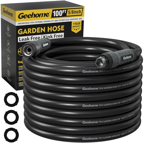 Geehome Heavy Duty Garden Hose 100 ft x 5/8 Long Polyurethane Water Hose with Swivel Fittings Flexible Lightweight No-Kink Leakproof Burst 600 PSI Black