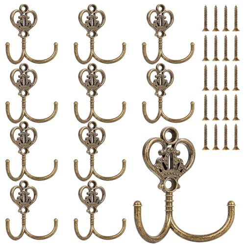 BesFatcn Vintage Coat Hooks, 10pcs Wall Hooks for Hanging Towel/Coat, Double Prong Vintage Metal Wall Hook for Living Room, Bathroom, Kitchen, Bedroom (Bronze)