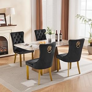 Velvet Dining Chairs Set of 4 Modern Tufted Dining Room Chair Upholstered Dining Chairs with Lion Head Pulls Ring and Golden Solid Wood Legs Luxury Kitchen Chairs for Dining Room Black