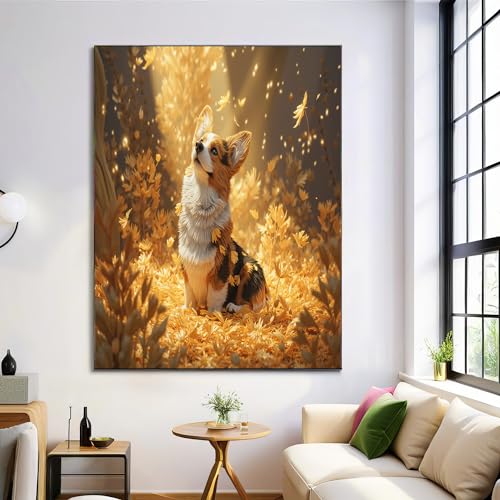 Tableau Décoration Murale Corgis et Feuilles D'Automne GDJSMIN 70x100 Cm