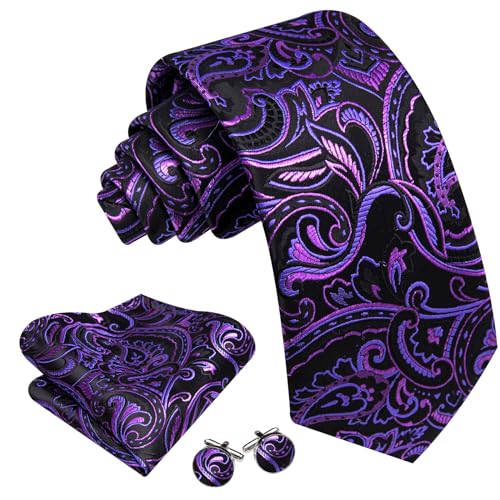 Image of Barry.Wang Men Tie Set Floral Paisley Silk Necktie Pocket Square Cufflinks Formal Wedding Party Business