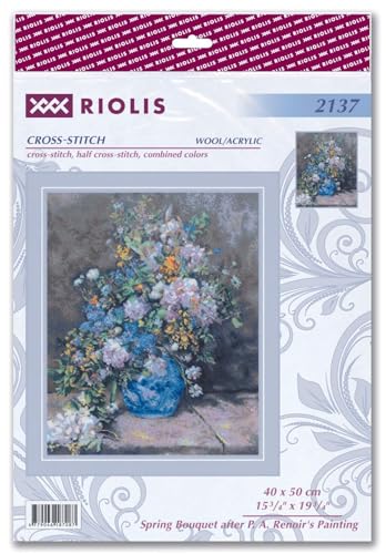 Image of RIOLIS - Spring Bouquet According to P.A.Renoir 2137, Cross Stitch Kits 15 inch x 19 inch, Cross Stitch Kits for Adults, Floral Counted Cross Stitch Kits, Embroidery Kit for Beginners & Advanced
