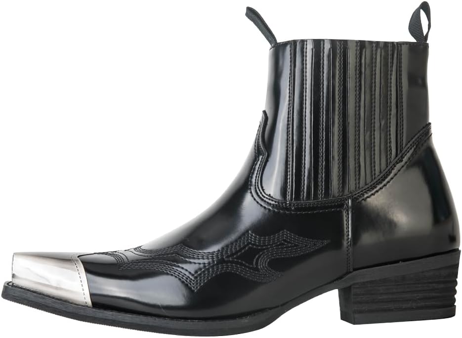 Men's Vintage Patent Leather Chelsea boots, Steel Toe Chelsea Ankle Boots with Embroidered Detail