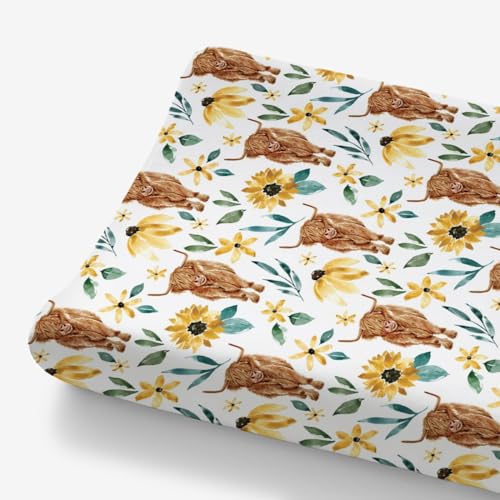 Image of HawSkgFub Highland Cow Sunflower Changing Pad Cover for Baby Girls, Western Farm Animal Fall Flower Diaper Change Table Covers, Soft Stretchy Safe Snug Fitted Changing Mat Sheet Fit 32"/34" x 16"