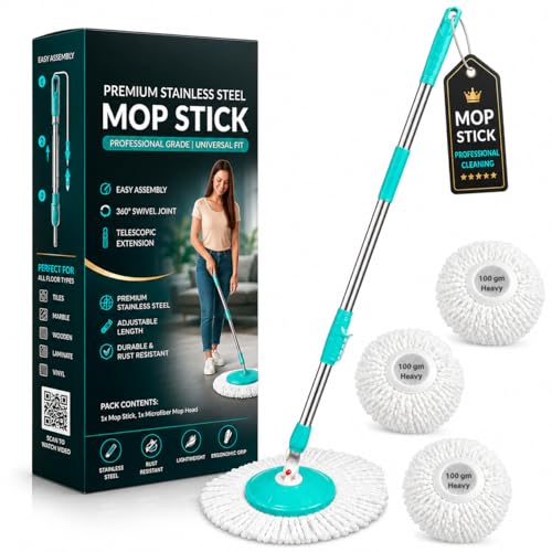 Image of Ultra Premium 360 Spin Mop Stick Rod with Stainless Steel Handle | Adjustable & Extendable Heavy Duty Mop Handle | Floor Cleaning Refill Rod Compatible with Spin Mop (Aqua Green) (3 Heads)