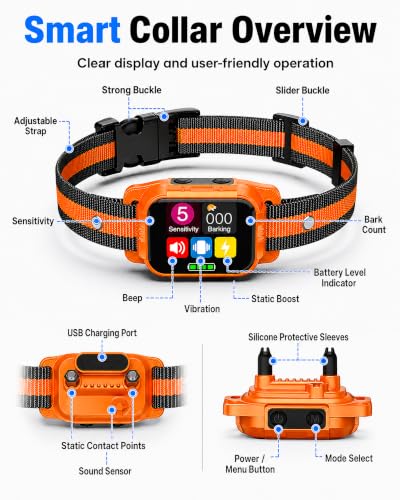 Image of Smart Dog Bark Collar - Anti Barking Device for Large Medium Small Dogs, Stop Excessive Barking & Aggression Behavior, with 5 Modes & 5 Sensitivity, IP67 Waterproof for Indoor /Outdoor Use, Orange