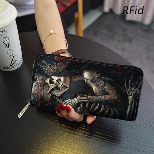 Image of RFID Blocking Leather Wallet for Women - Large Capacity Zip Around Clutch with 8 Card Slots,15 Cash Pockets & Coin Zipper,Skeleton Couple Love Scene