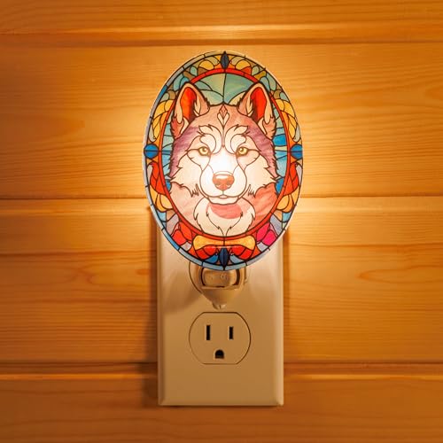 Image of Dog Night Light Husky, Stained Glass Styled Plug-in Wall Nightlight, Bulb Included, Pet Memorial Dog Lover Gift, Bedroom Hallway Bathroom Decor, Manual On /Off Switch
